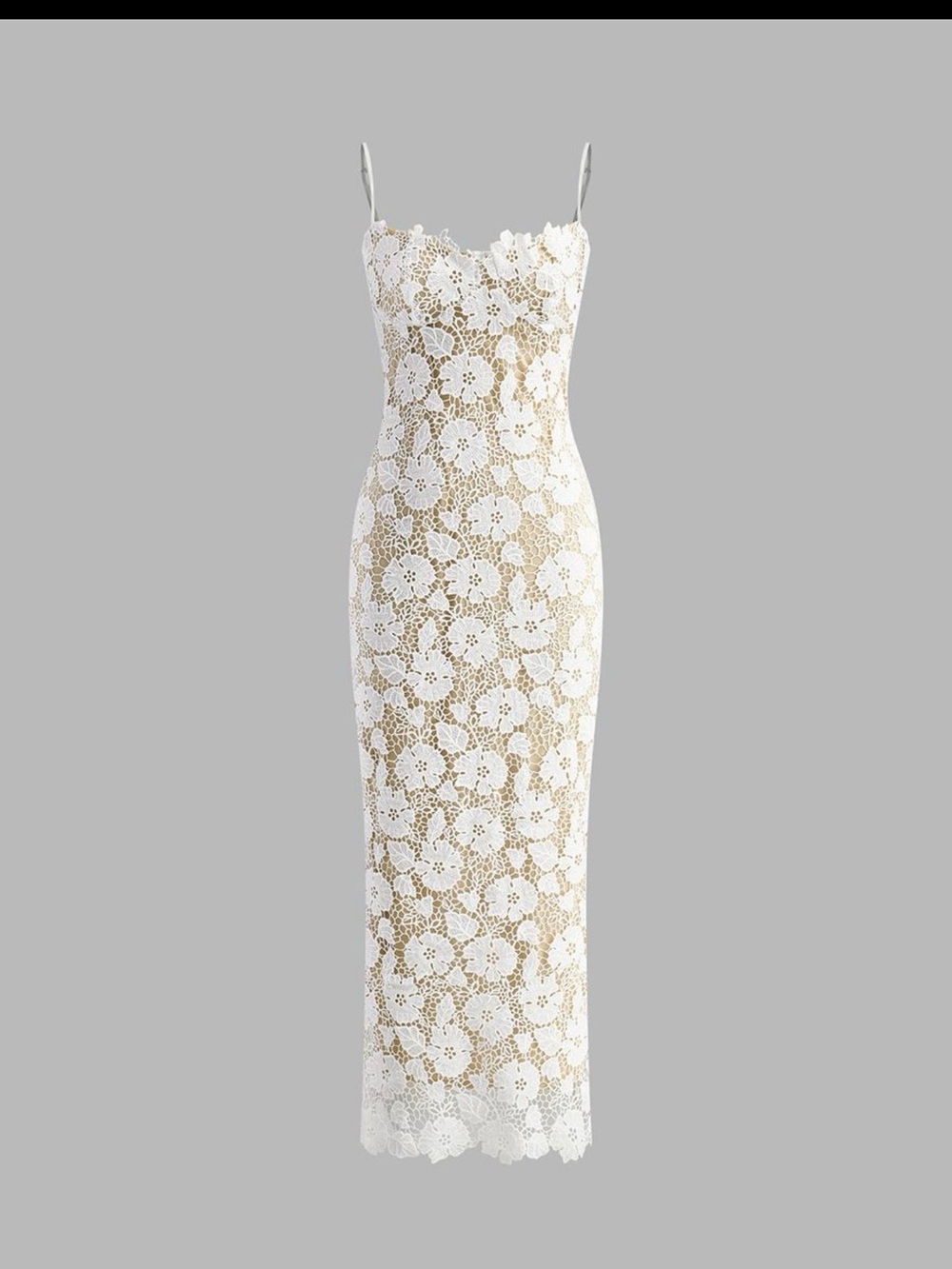 Commense White Lace Maxi Dress with Beige Underlay